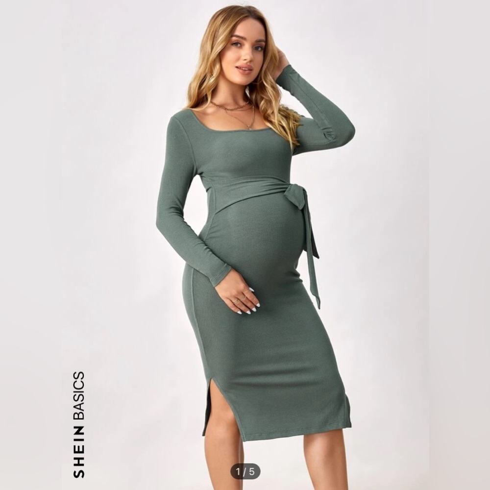 Maternity green mid length maternity dress long sleeve, super comfy size small